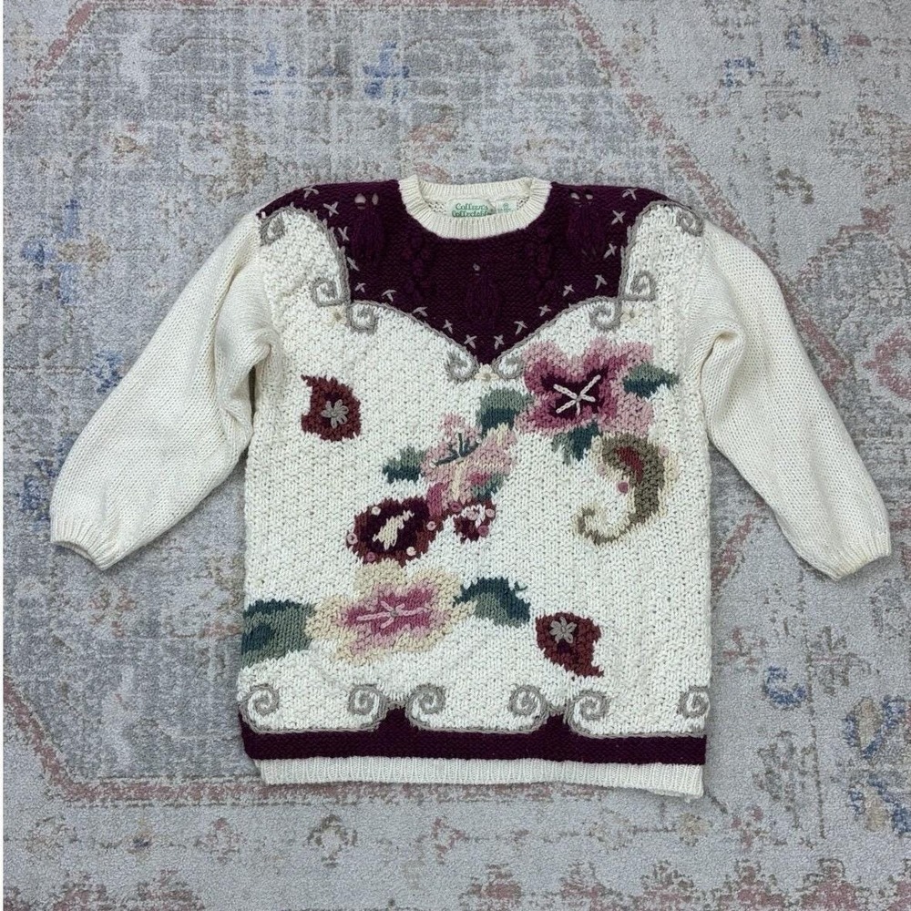 Vintage Colleen's Collectables Hand Knitted Floral Sweater M Cottagecore Granny